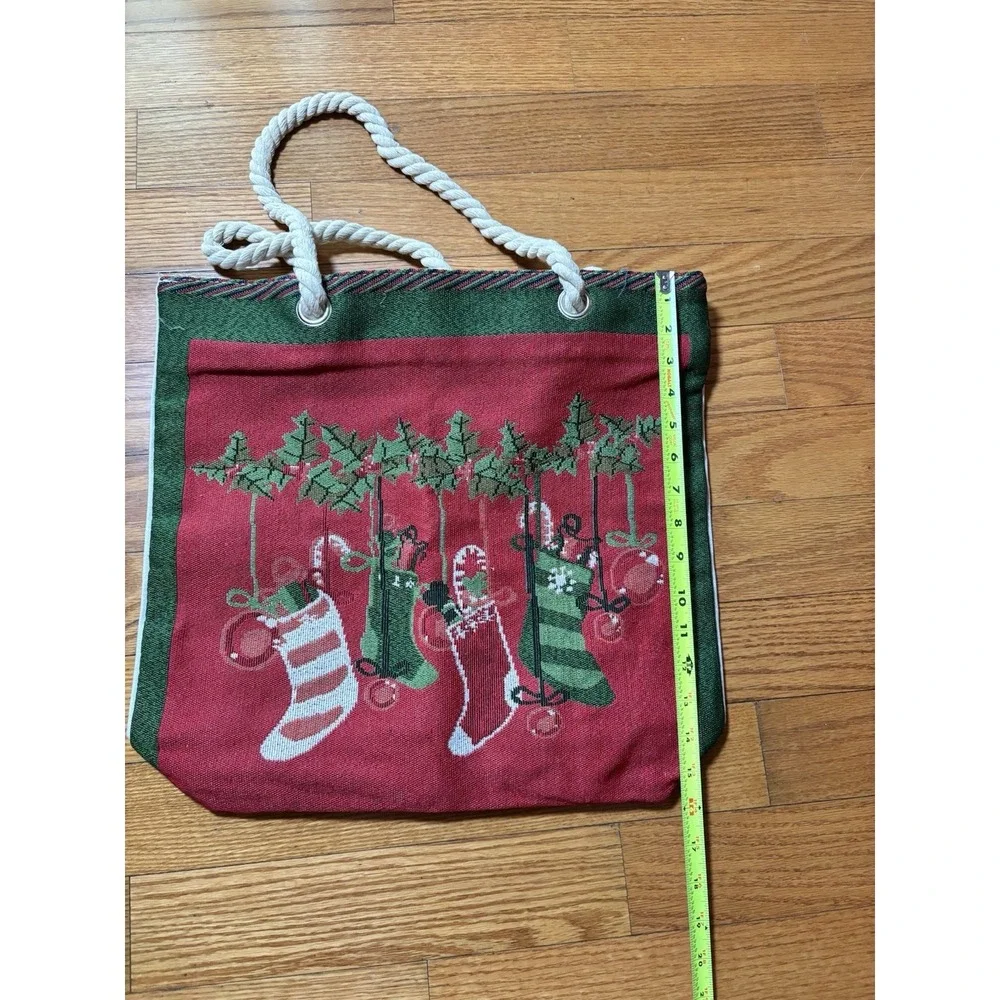 Large Christmas Canvas Tote Bag Holiday Stockings Rope Handles Zipper Closure[J]